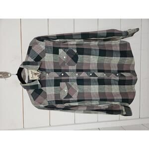 Coastal medium green & grey plaid pearl snap button shirt